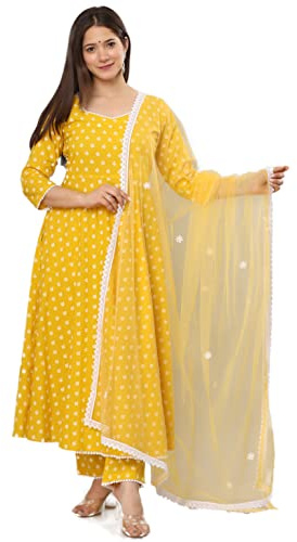 miss fame Women's Cotton Anarkali Kurta with Pants and Dupatta - (Yellow, XX-Large)