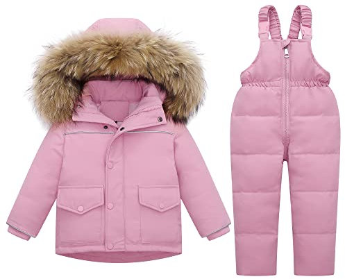 Kinder Skianzüge 2 Stück Schneeanzug mit Künstliches Fell Kaputze Bekleidungsset Mädchen Jungen Verdickte Winterjacke + Skihose Daunenjacke Daunenhose, 2-3 Jahre