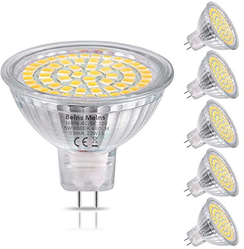 Belns Melns MR16 GU5.3 Dimmbar LED Spot, 5W (ersetzt 50W Halogen), 12V AC/DC LED Leuchtmittel Stiftsockel, 480lm 6500K Kaltweiß 120° Abstrahlwinkel - 6 Stück