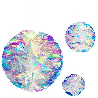 3 Pieces Iridescent Ball Hanging Ornament 5.9inch + 7.8inch + 9.8inch Honeycomb Foil Ceiling Rainbow Shine Decorations for Wedding Christmas Bridal Shower Birthday Frozen Theme Magical Party
