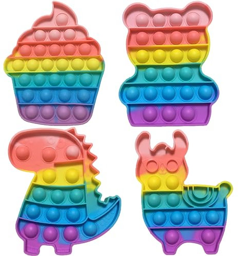 Yeefunjoy 4 Packs Pop Bubble Fidget Toy Set, Relief Angst Autismus, Antistress Spielzeug Regenbogen, Dinosaurier, Alpaka, Bär, Eiscreme, Kindergeburtstag Gastgeschenke für Kinder und Erwachsene