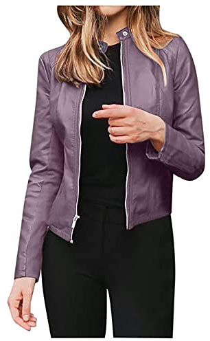 L9WEI Chaqueta de cuero para mujer, moda para mujer, chaqueta delgada, informal, manga larga, abrigo corto, básico, bomber, morado, L