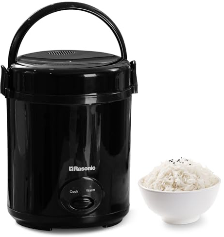 Rasonic Electric Mini Rice Cooker 0.4L, Portable for 1-2 People, with Non-Stick Pot & Food-Grade Steamer, 15-Min Fast Cooking, Auto Keep Warm, One-Touch Operation, Detachable Inner Lid - Black