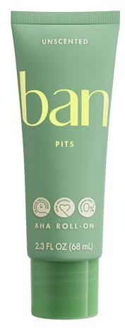 Ban Invisible Roll-On Aluminum-Free AHA Deodorant for Women and Men, Aluminum Free, 48-Hour Odor Protection, Unscented, 2.3 Oz