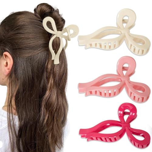Bogen Klauenklammern, 3Pcs Haarklammern Haarbögen Große haarklammer für dickes Haar Krallen Band Stilvolle Weiße Rosa Band Krallen Clips für Frauen Mädchen 13cm