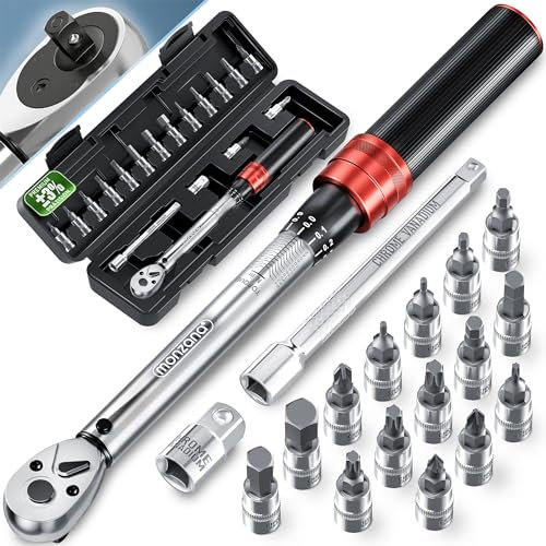 Monzana® Drehmomentschlüssel Fahrrad 18 tlg. Set 1/4 Zoll 1-25 NM ±3% CV-Stahl Verlängerung Transportbox Hochwertiges Bitset Werkzeug Motorrad