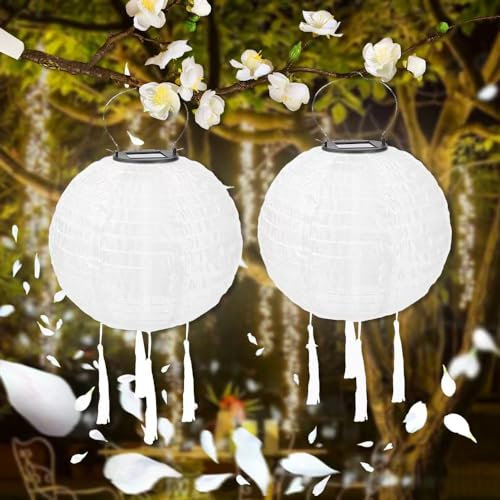 Solar Lampions Außen Wetterfest,2 Stück Solar Lampions 20 cm,Solar Lampions Outdoor mit 4 Quaste,Ballform Nylon Hängende Gartenlaterne,für Garten, Hof, Terrasse, Hochzeit, Fest Deko (Weiß)