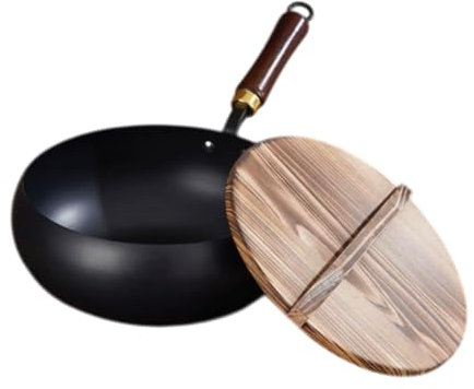 HuadaXtai Padella Antiaderente in Ghisa Wok da 9,45 Pollici con Fondo Piatto per Cottura a Induzione Wok Cinese con Coperchio in Legno per Cucina di Hotel E RIS