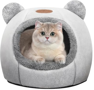 Cat Beds for Indoor Cats, Cozy Cat Tent House Igloo with Ears, Soft Fluffy Kitten Cave with Removable Cushion, Foldable Warm Pet Bed for Small Cats & Puppies