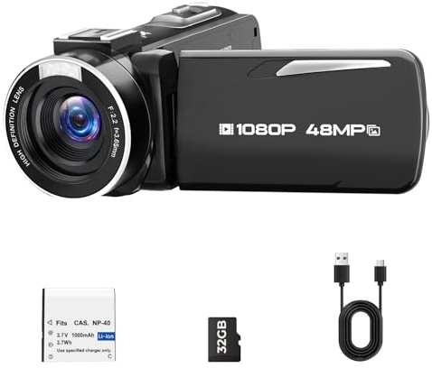 CAMWORLD Caméra Vidéo Caméscope 1080P 48MP, Zoom Numérique 18X Vlogging Youtube Caméra Écran Rotatif 270° 3 Pouces Video Camera avec Carte 32GB & Batterie