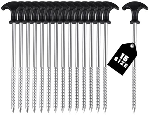 15 PCS Heavy Duty Metal Tent Pegs Rotating Rock Pegs with Thread, Ground Anchors for Camping, Durable Steel Stakes for Garden, Canopies & Outdoor With A T-handle,Duty for Hard Ground 21cm Galvanized