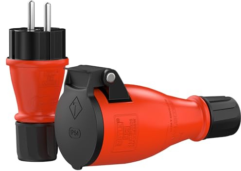 RedStar24 Lot fiche mâle + prise femelle Schuko 230V IP54 – Connecteurs en caoutchouc robustes avec serre-câble et protection anti-pliure – Prise électrique extérieure 16A pour rallonge – Rouge