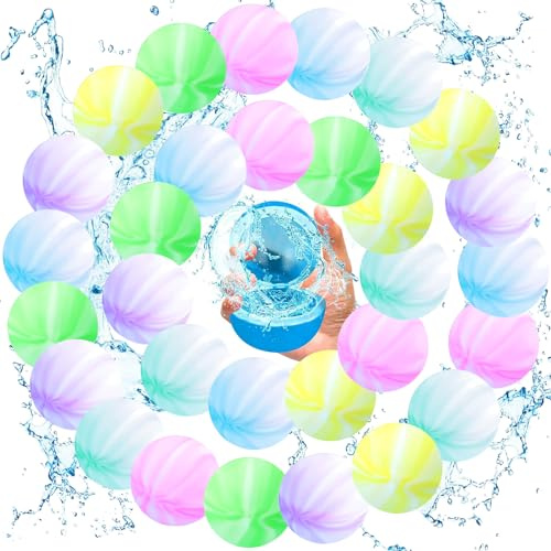 MOYKSRR 30 Pezzi Gavettoni Riutilizzabili, Palloncini Acqua Riutilizzabili, Silicone Colorato Bombe D'acqua, Bombe D'acqua a Riempimento Rapido per Spiaggia, Piscina e Giardino per Bambini e Adulti