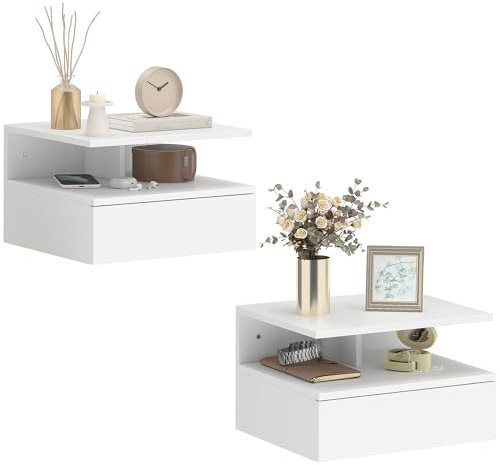 HOMCOM Set di 2 Comodini Camera da Letto Sospesi con Cassetto e Scomparto Aperto, Coppia di Comodini Moderno in Legno, Tavolini per Divano, Soggiorno, Salotto e Camera, 35x32x22.5 cm, Bianco