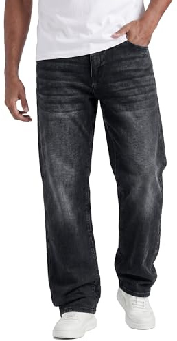 JMIERR Men's Jeans Baggy Stretch Straight Leg Regular Fit Classic Basic Denim Jeans,Black,L