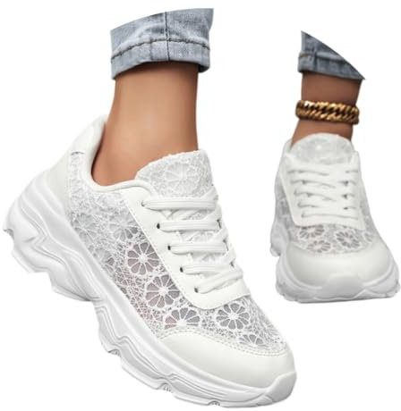 Generisch Baskets traditionnelles pour femme - En dentelle - Blanc - Chaussures d'été confortables et élégantes - Chaussures pour femme - Avec tenue festive - En tissu - Pour l'été