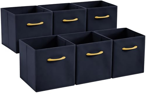 Collapsible Fabric Storage Cubes, Pack of 6 Foldable Boxes with Handles | Navy Blue 27 x 27 x 27 cm | Non-Woven Fabric | Open-Top Cube Shelf Baskets For Wardrobes, Toys, Clothes & Nursery