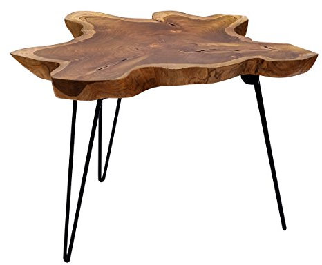 Brillibrum Design Teakholz Klapptisch Wohnzimmertisch Holz Beistelltisch einzigartige Teak Tischplatte auf Metallgestell Couchtisch Holz Baumscheibe klappbar Teaktisch 45 cm Höhe