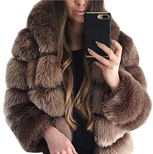 YAOTT Donna Casuale Morbido Giacca con Cappuccio in pelliccia Sintetica Ecologica di volpe Cappotto Corto Cardigan a manica lunga Capispalla caldi e soffici Top in pile caffè XS