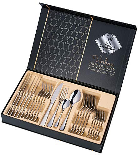 Cutlery Sets 24 Piece Vorbax Stainless Steel Cutlery Set Flatware Silverware Knife and Fork Sets with Spoon for Kitchen Service for 6 Christmas Mirror Polish & Dishwasher Safe