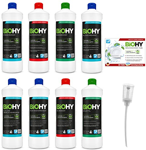 BiOHY Kit de nettoyage complet avec doseur et tablettes pour lave-vaisselle (8 x 1 L) | Nettoyant pour salle de bain, fenêtres et sol | Puissant et efficace | Nettoyant biologique durable