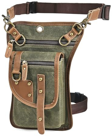 Handadsume Tela Resistente All'acqua + Vera Pelle Moto Equitazione Travel Coscia Borsa per Gambe Marsupio in Vita Per Gli Uomini Donne FB2141 (2141-Verde)