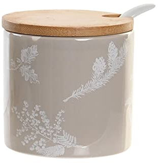 PLUS HOME Azucarero Cocina, Ceramica con Tapa Madera Diseño Modernos.Gris con dibujo 7,5X7,5X7,5cm