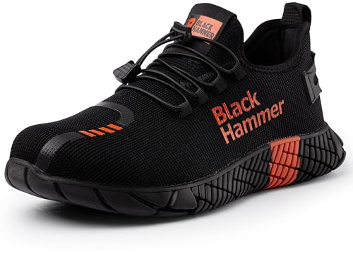 Black Hammer Men's 2000 Safety Trainers Steel Toe Cap Work Shoes, Lightweight, Oil and Slip Resistant, Anti-Static Heels, S1P SRC, ISO 20345:2011 Certified, Black, Six Month Sole Warranty (12 UK)