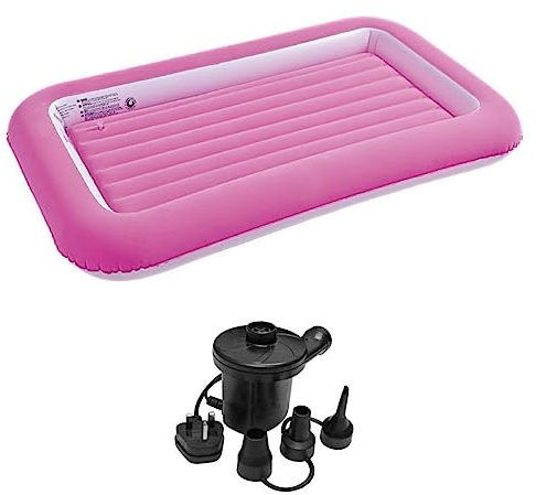 ADEPTNA Kids Cosy Flocked Air Bed Pink with 240v Electric Air Pump - Fun Designs Easy Inflation and Deflation Portable Sleep Solution