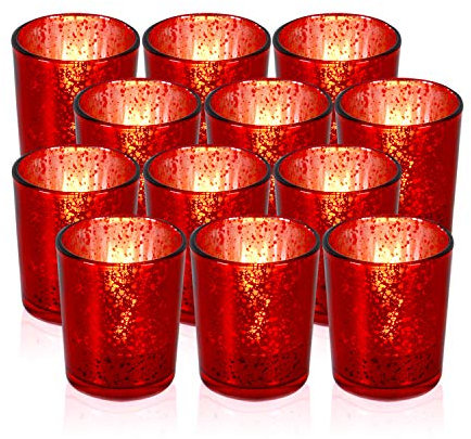 Red Votive Candle Holders, Mercury Glass Tealight Candle Holder Set of 12, Perfect Centerpieces for Wedding, Party, Home Decor (Red)