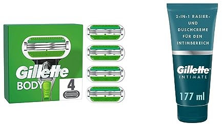 Gillette Body Rasierklingen für Männer, 4 Ersatzklingen & Intimate Intimpflege Rasierset für Männer (177 ml)