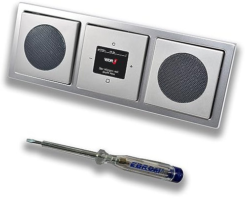 Busch Jäger DAB+ (DAB PLUS) Unterputz Radio 8215U-101 PUR Edelstahl, Komplett-Set mit 2 x Lautsprecher, Abdeckungen und Rahmen + EBROM Phasenprüfer zur Montage der Geräte - 8215 U – 101