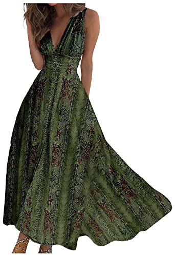 Robe Longue Femme 2026 Robe Florale à col en V Chic et Elegant Robe de Plage bohème sans Manches Robe Été Décontractée Imprimé