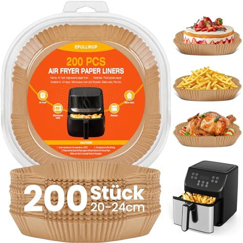 200 Stück Backpapier für Heißluftfritteuse, EPULLWUP Airfryer Backpapier 20-24 CM, Antihaft Wasserdicht Ölfest Einwegschalen Luftfritteuse Pergamentpapier Liner für Heißluftfritteuse Bratpfanne Ofen
