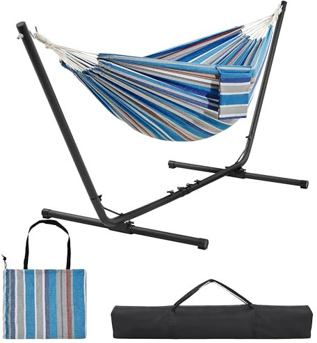 Yaheetech Hängematte mit Gestell, Verstellbarer Doppelhängematte 294/304/314cm mit Stabiler Rahmen, bis 205 kg Belastbar, Großzügige 2-3 Personen Hammock für Indoor & Outdoor, Blau-Roter Streifen
