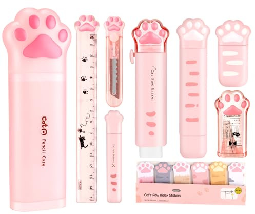 Cute School Supplies,Stationary Gift Set, Japanese Stationery Birthday GIFS, Includes Pencil Sharpener,Eraser, Correction Tape, Ruler, Mini Scissors,Utility Knife, for Office School Supplies (Pink)
