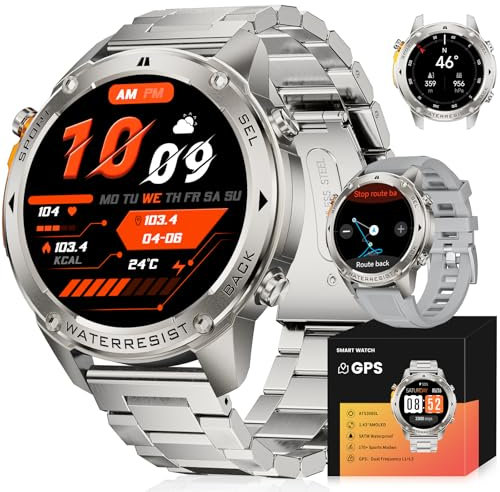 LIGE Smart Watch for Men GPS with 5ATM Waterproof, 500mAh Large Battery Military Smartwatch with Compass/Barometer/Altitude, 1,43 AMOLED Mens Fitness Watch Bluetooth Call for Android iOS, Silver