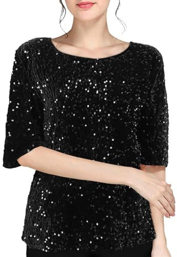 T Shirt Donna Con Paillettes Girocollo Capodanno Con Lustrini Camicia Brillantini Taglie Forti Elegante Maglia Manica Corta Cerimonia Per Feste E Serate Tops Glitter Cocktail Curvy T Shirt 2025