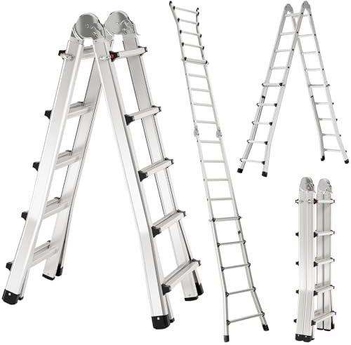 TLGREEN Escalera telescópica de aluminio, 4 x 5 peldaños, 4,8 m, escalera multifunción de aluminio, escalera articulada, escalera plegable, escalera de caballete, escalera multiusos, hasta 150 kg