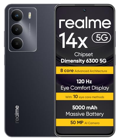 realme 14X 5G Teléfono Inteligente 6+128 GB, 5G Dimensity 6300, Pantalla de 120 Hz, Resistencia a Impactos de Nivel Militar, Cámara con IA de 50 MP, Gran batería de 5000 mAh, Negro