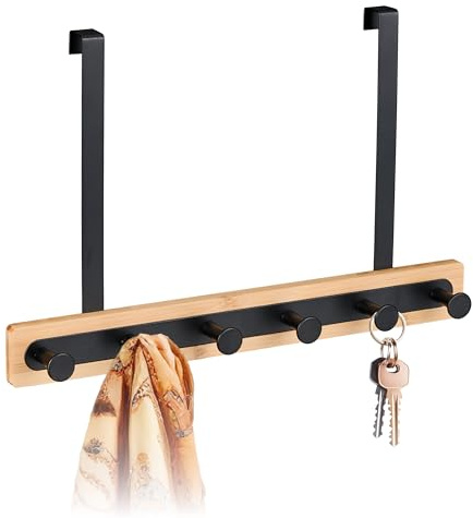 Relaxdays Appendiabiti da Porta Salvaspazio, 2 cm, Attaccapanni bambù e Acciaio, 6 Ganci Appendi Abiti Salvaspazio, Nero