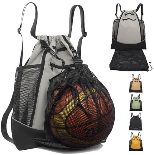 AUNGKWANG Mochila Deporte Niño, Mochila Deportiva Con Cordón Para Baloncesto, Mochilas De Fútbol Red Portátil De Pelota, para Pelotas Baloncesto, Fútbol, Voleibol (Gris)
