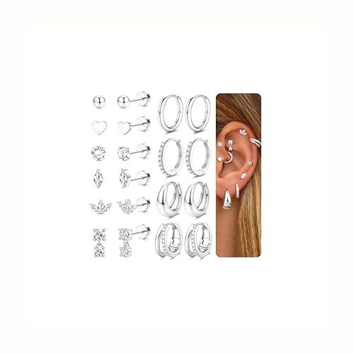 Morfetto 10Paia Orecchini Acciaio Chirurgico Donna Oro Argento - Anallergici Piercing Orecchio Orecchini Cerchio Helix Piercing Trago Set Orecchino Acciaio Inossidabile CZ Argento
