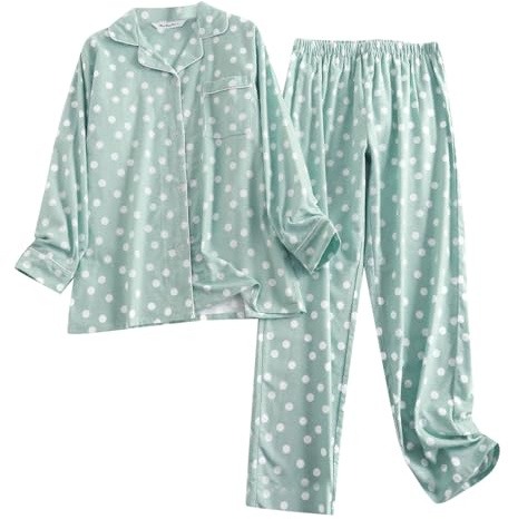 Generisch Ensemble pyjama en flanelle de coton pour femme à manches longues, pantalon, tenue décontractée, confortable, grande taille, pyjama d'hiver avec design de dessin animé, vert, XL