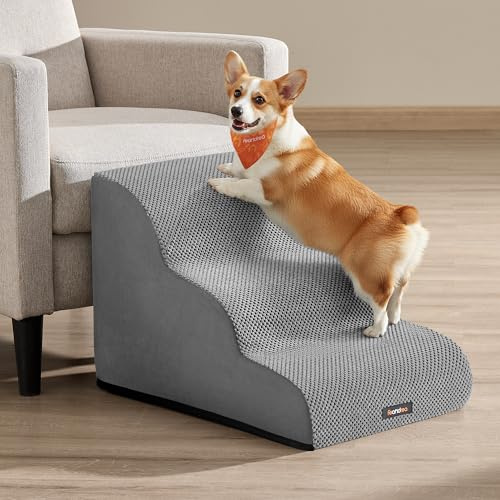 Feandrea Escalier pour Chien, à 3 Marches, Velours Gaufré, Marches pour Chien, Lit, Canapé, Imperméable, Design Antidérapant, Pente Douce, Housse Amovible Lavable, Poignée, Gris Tourterelle PPS013GD01