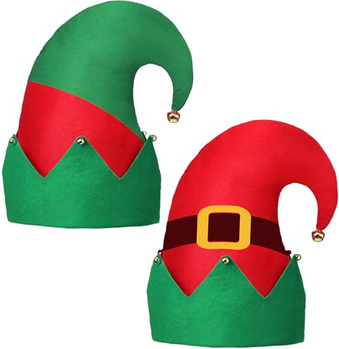 Jamntower 2 Pieces Christmas Elf Hat Colorful Funny Hats with Bells Holiday Party Accessories Green and Red Xmas Holiday Santa Hat Xmas Santa Headdress for Christmas Party Teens Adults(Classic 2)