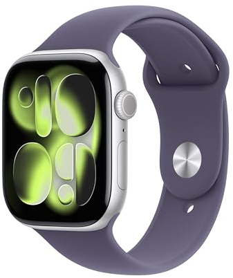 Apple Watch Series 11 GPS + Cellular 46mm Smartwatch with Silver Aluminium Case with Purple Fog Sport Band M/L. Sleep Score, Fitness Tracker, Health Monitoring, Always-On Display, Water Resistant