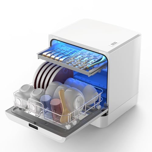 Portable Countertop Dishwasher, Small Automatic Dish Washer with 4 Cleaning & Drying Modes, Auto Water Fill from Faucet or Tank for Flats & Small Kitchens, 42.4 * 39.3 * 45.6cm, White