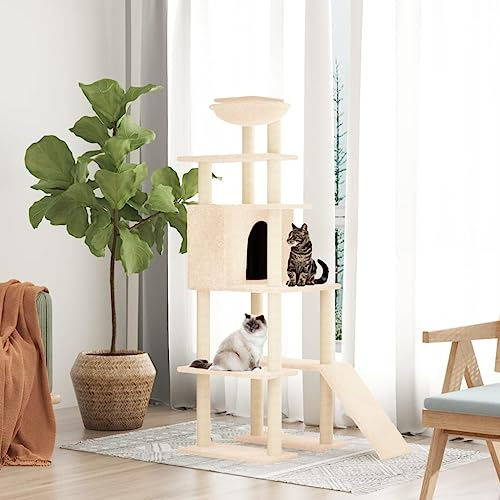 LoogCape Klösträd med sisal-klöspelare, grädde 166 cm, stabilt klättertorn med grotta, hängmatta och liggplattform för katter, takhögt, hållbart trä, bekväm plysch