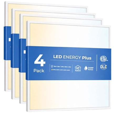 4 Pack 2x2 LED Flat Panel Light for Drop Ceiling, 5200lm Selectable 20W/25W/30W/35W/40W, Color Temperature 3000K/3500K/4000K/5000K/6500K, 0-10V Dimmable, 120-277V, ETL, DLC